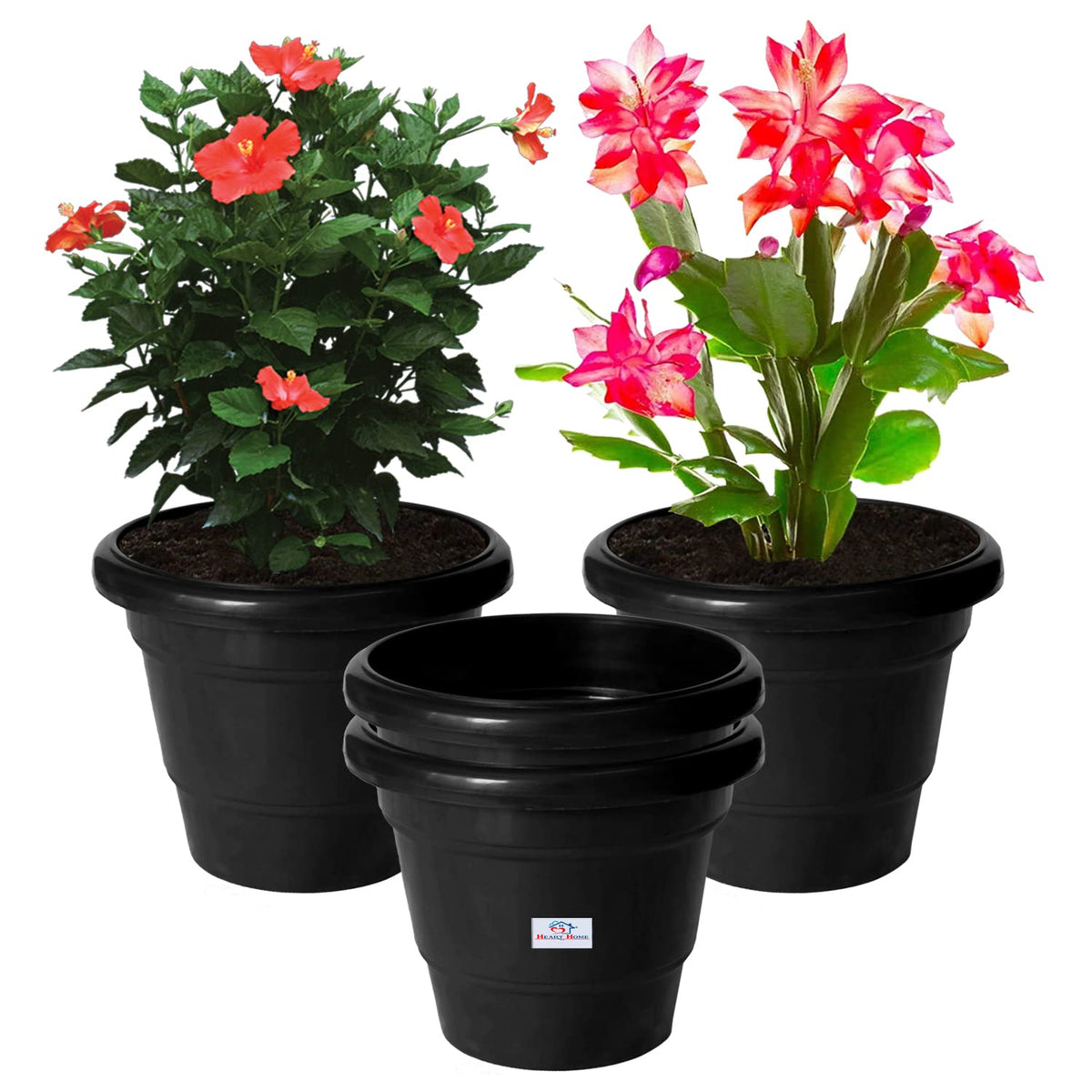 Heart Home Solid 2 Layered Plastic Flower Pot|Gamla for Home Decor,Nursery,Balcony,Garden,8"x 6",Pack of 4 (Black)