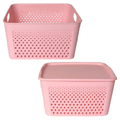 Heart Home Netted Design Unbreakable Multipurpose Square Shape Plastic Storage Baskets with lid Large (Pink)
