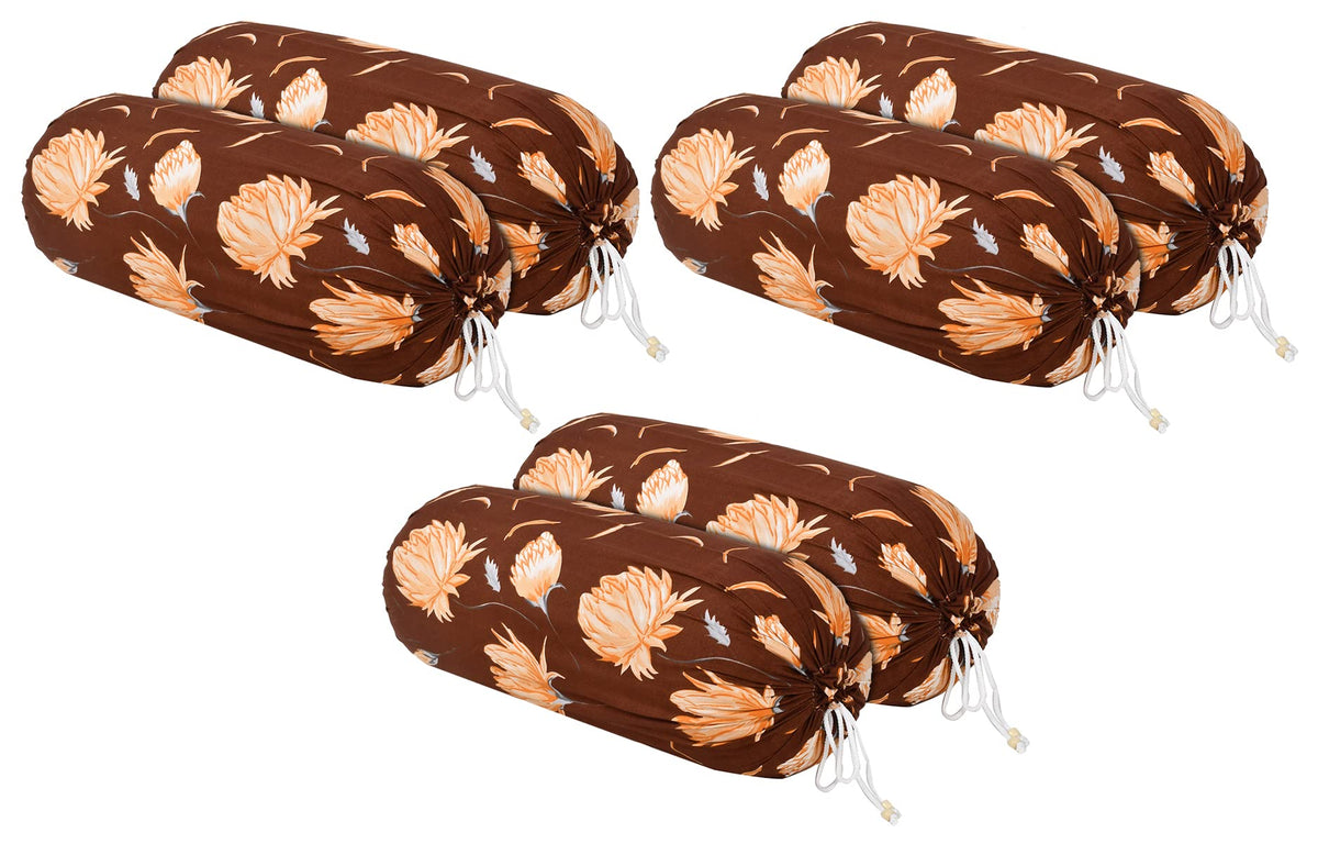 Heart Home Flower Printed Soft & Luxurious Decorative Cotton Bolster Cover- Set of 6, 16"x32" (Brown)-44HH0140