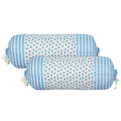 Heart Home Bolster Covers | Cotton Bolster Cover Set | Diwan Bolster Cover Set | Bolster Pillow Cover | Blue Flower Masand Cover | 16x32 Inch | Pack of 2 | White