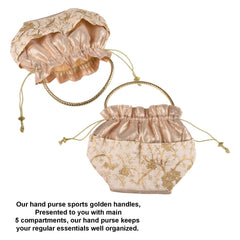 Heart Home Hand Bag|Silk Embroidery Drawstring Bag|Traditional Indian Handmade 5 Pocket Potli Bag with Golden Handle (Cream)