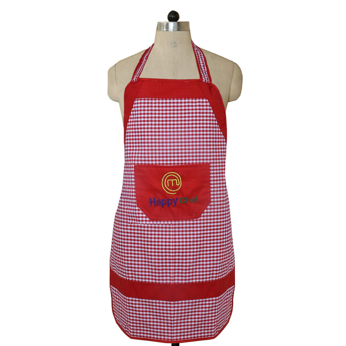 Kuber Industries Happy Chef Checkered Cotton Waterproof Kitchen Apron with Front Pocket - Red