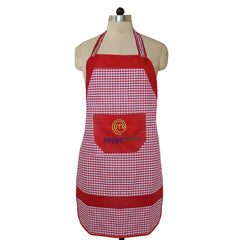 Kuber Industries Happy Chef Checkered Cotton Waterproof Kitchen Apron with Front Pocket - Red