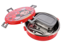 Heart Home Mickey Mouse Printed Round Inner Steel, BPA Free Insulated Lunch Box with Pickle Box & 1 Plastic Spoon (Red), Standard