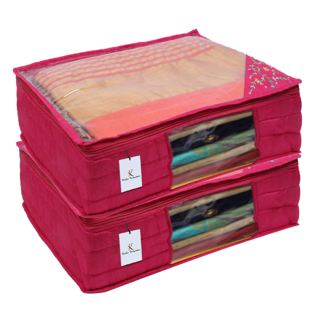 Kuber Industries 3 Layered Quilted Silk 2 Pieces Saree Cover (Pink) -CTKTC24678