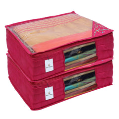 Kuber Industries 3 Layered Quilted Silk 2 Pieces Saree Cover (Pink) -CTKTC24678