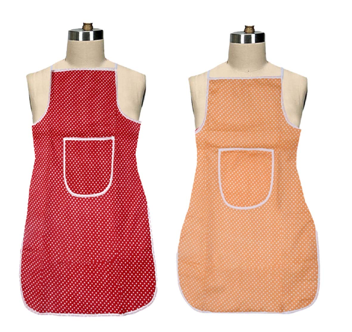 Kuber Industries Polka Dots Bib Apron,Water Oil Cotton Resistant Chef Cooking Kitchen Apron with Pockets for Men Women (Set of 2,Maroon & Peach)-KUBMART15579