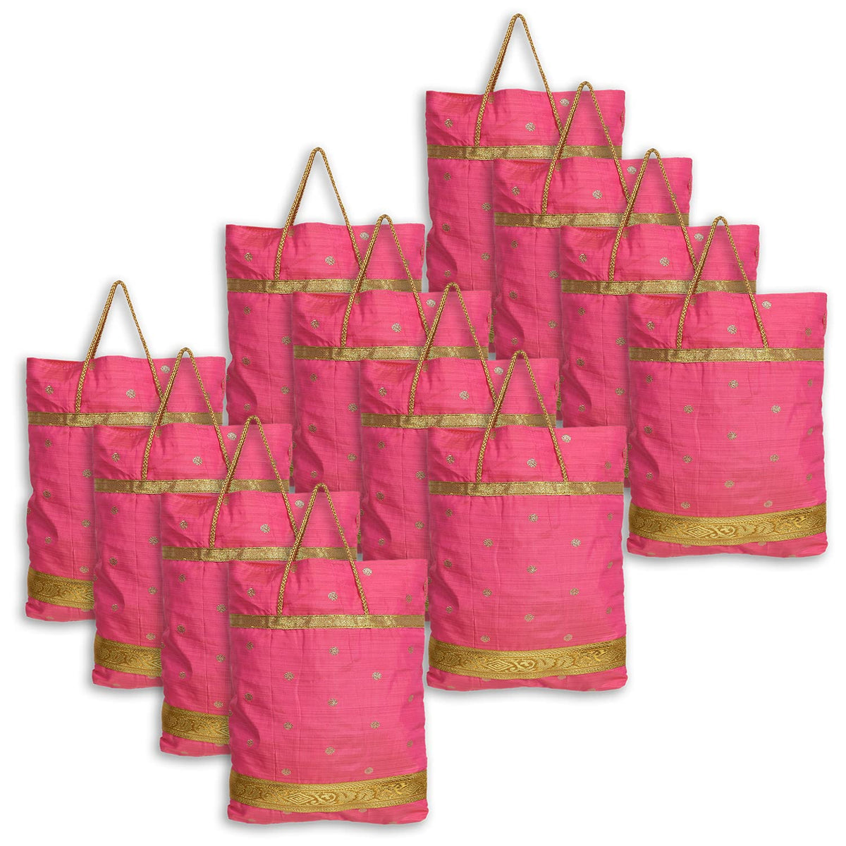 Kuber Industries Polyester Dot Print Hand Bag/Grocery Bag For Women/Girls With Handle Pack of 12 (Pink) 54KM4059