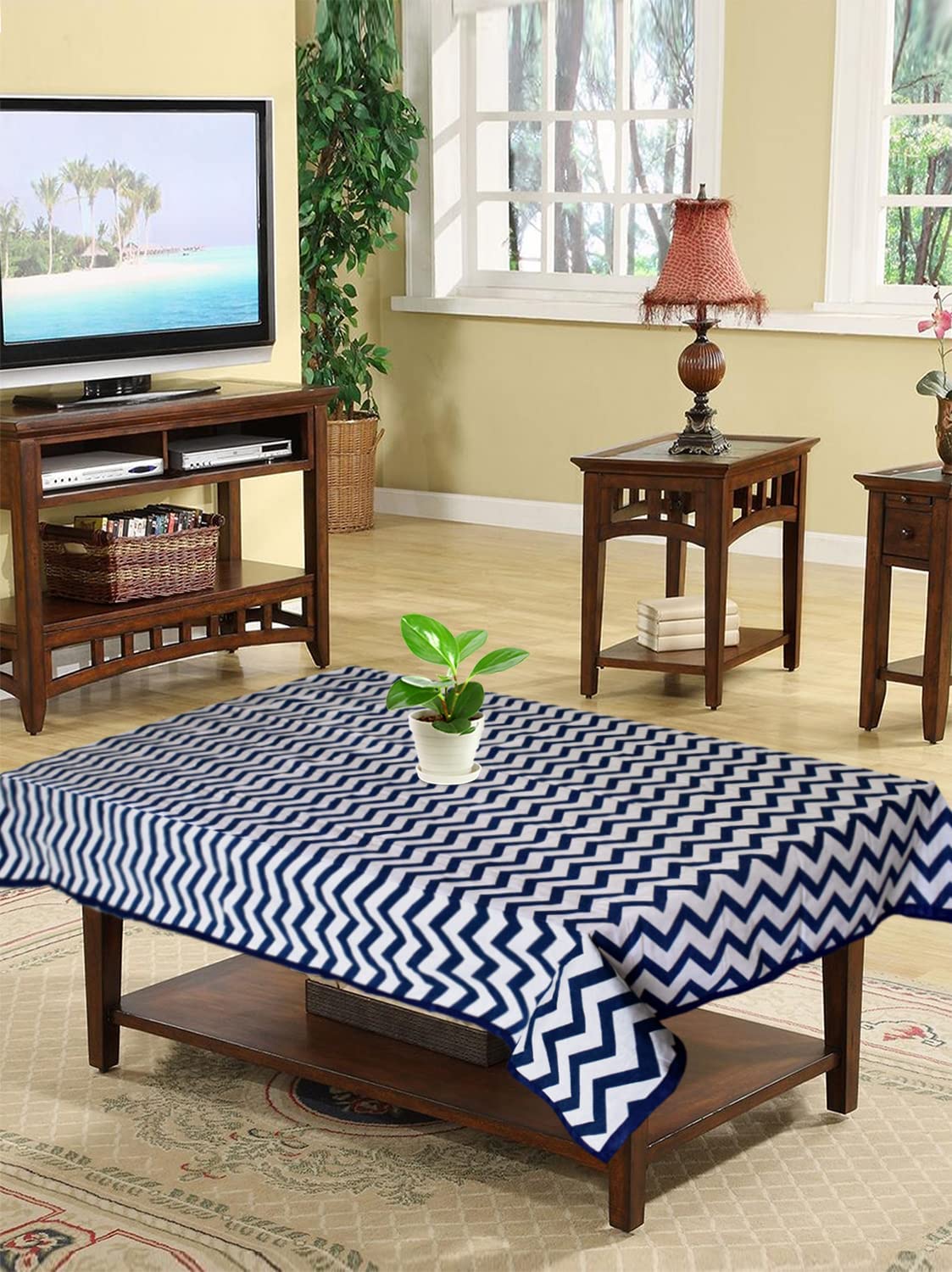 Kuber Industries Lining Design Cotton 4 Seater Centre Table Cover - Blue (CTKTC01168)