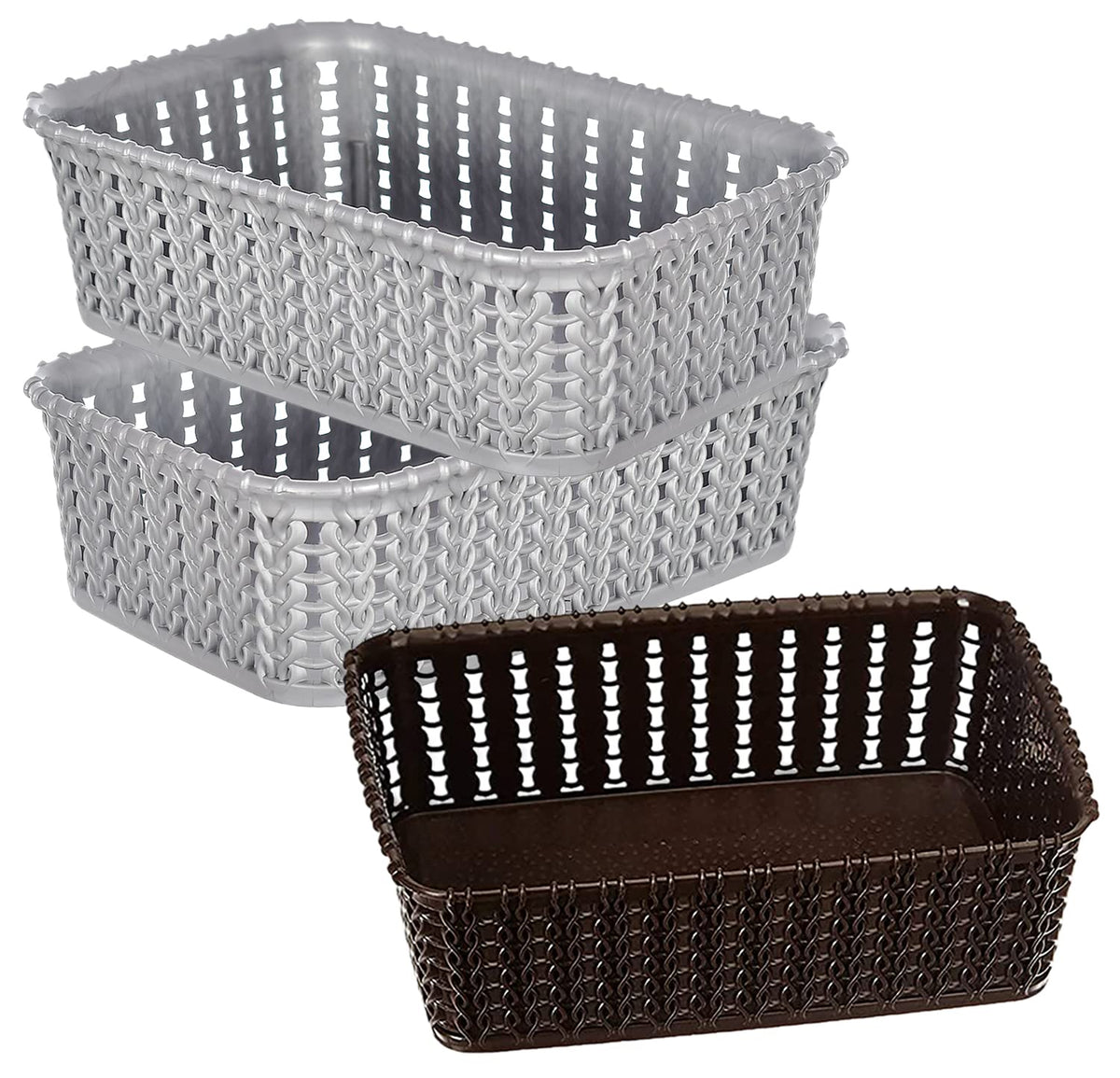 Heart Home Multiuses Small M 15 Plastic Tray/Basket/Organizer Without Lid- Pack of 3 (Grey & Brown & Grey) -46HH0127