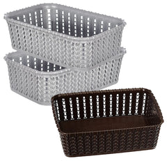Heart Home Multiuses Small M 15 Plastic Tray/Basket/Organizer Without Lid- Pack of 3 (Grey & Brown & Grey) -46HH0127