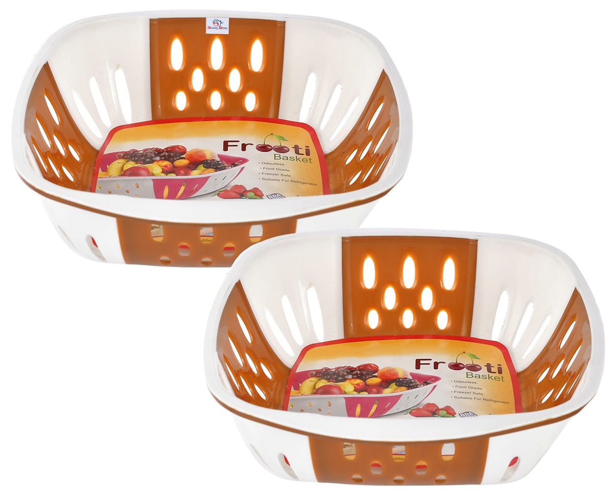 Heart Home Large Plastic Fruit, vegetable Storage Basket- Pack of 2 (Brown)-HS42KUBMART25389