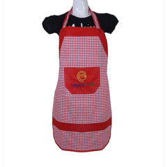 Kuber Industries Happy Chef Checkered Cotton Waterproof Kitchen Apron with Front Pocket - Red