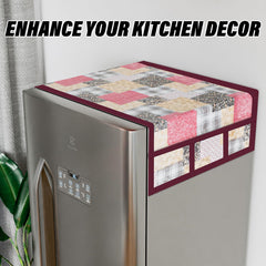 Kuber Industries Fridge Top Cover & Handle Cover Set | Fridge Top & Handle Cover Set | Refrigerator Cover & Handle Cover Combo Set | Barik Flower Fridge & Handle Cover | Maroon