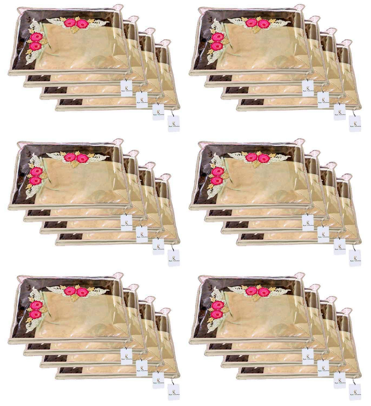Kuber Industries Foldable saree covers with Zip| Single Saree Storage Bags |Clothes Organiser for wardrobe |Transparent Top With Premium Zipper|Pack of 24 (Beige)