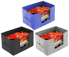 Kuber Industries 3 Pieces Large Capacity Space Saver Closet, Stackable and Foldable Saree, Clothes Organiser (Grey & Black & Royal Blue) -CTKTC39415