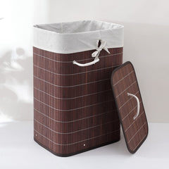 Kuber Industries Bamboo Basket With Lid|Foldable Laundry Basket For Clothes|Durable Rope Handles & Removable Bag|Dark Brown|