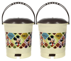 Kuber Industries Multiuses Mickey Mouse Print Plastic Dustbin For Home, Kitchen, Office, Bathroom With Swing Lid 10 Litre Pack of 2 (Cream) 52KM3975