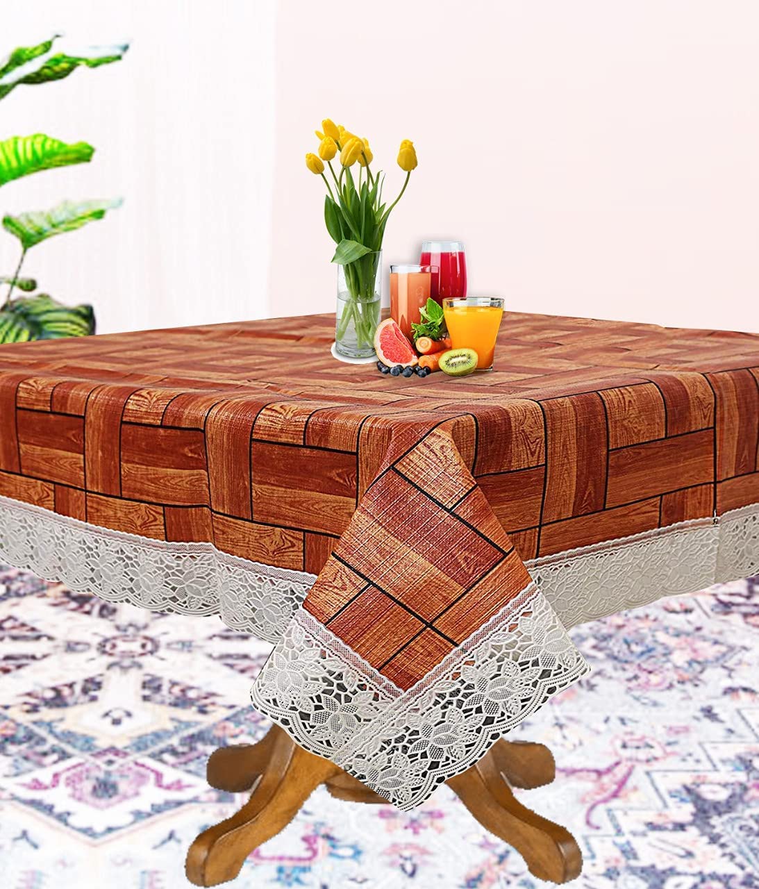 Heart Home 40"x60" Wooden Design PVC Waterproof, Antislip & Wipe Clean Center Table Cover for 4 Seater (Brown)-HS43HEARTH25574