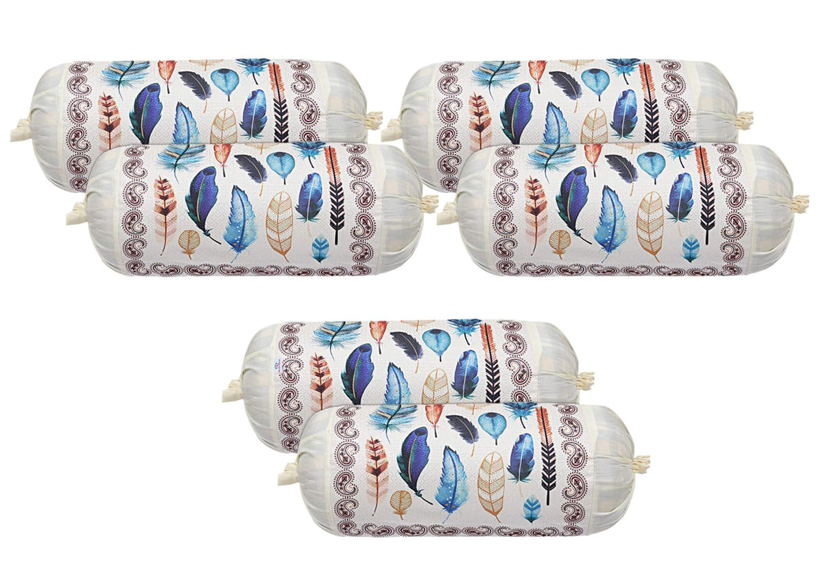 Heart Home Bolster Cover|Polyester Bolster Cover Set|Diwan Round Bolster Pillow Covers|Luxurious Feather Print Roll Masand Cover|Pack of 6 (Cream)
