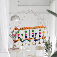 Heart Home Rajasthani Traditional Windchimes|5 Hanging Birds with Bamboo|Polyester Handcrafted Latkan|Decorative Door Hanging Latkan (Multicolor)