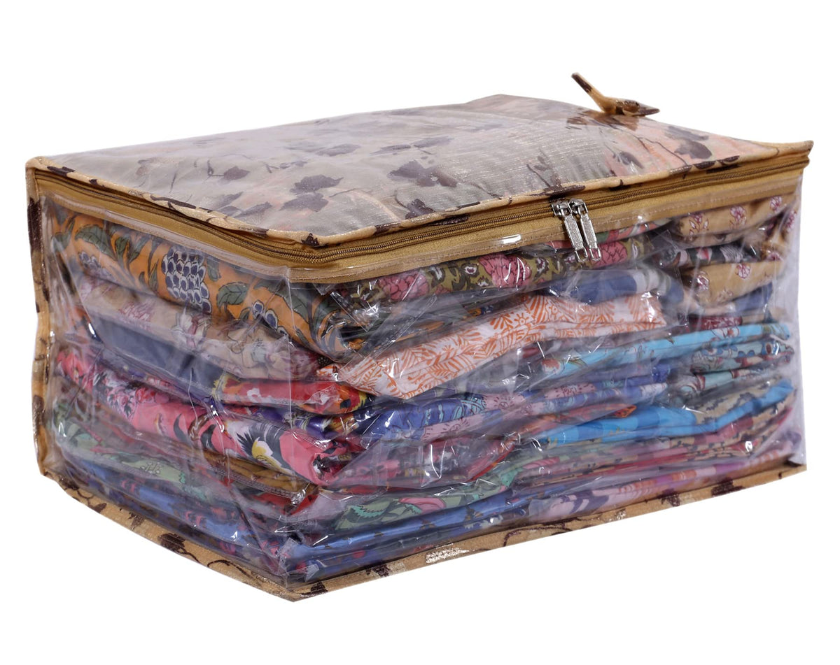 Kuber Industries Floral Print PVC Laminated Foldable Bow Saree Cover|Clothes|Wardrobe Organizer For Home & Travle With Transparent, Extra Large (Gold)