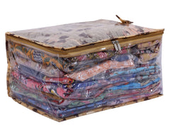 Kuber Industries Floral Print PVC Laminated Foldable Bow Saree Cover|Clothes|Wardrobe Organizer For Home & Travle With Transparent, Extra Large (Gold)