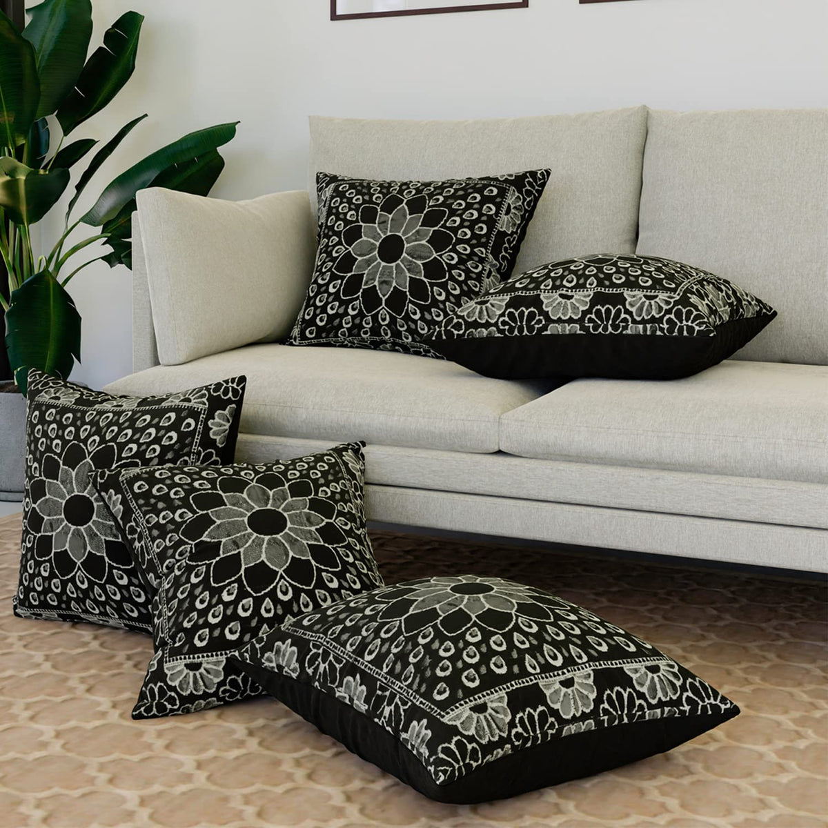 Kuber Industries Cushion Cover | Sofa Cushion Covers | Embossed Square Cushion Covers | Velvet Cushion Covers | Couch Cushion Covers | Set of 5 | 16 Inch | Black