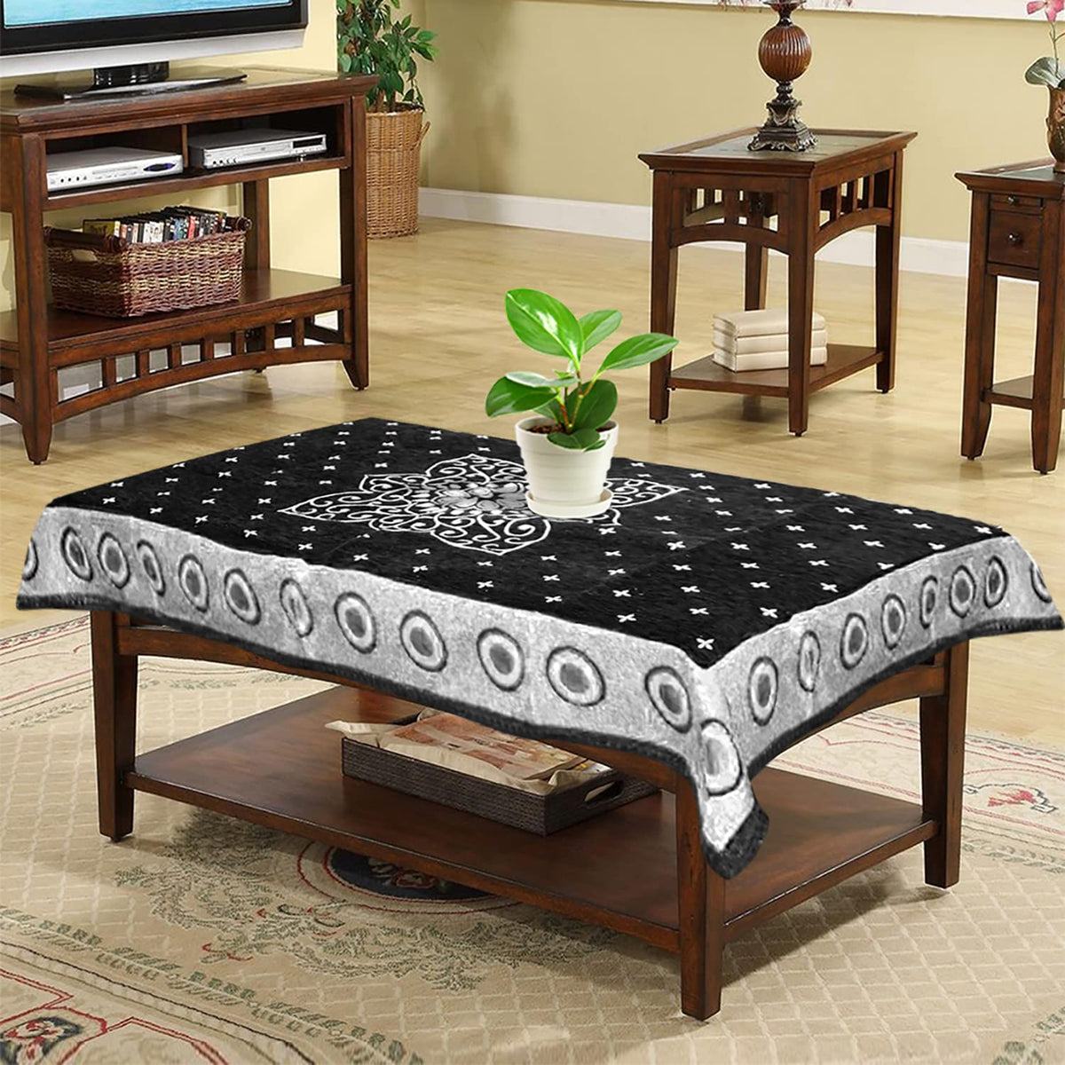 Heart Home Rangoli Printed Velvet 4 Seater Center Table Cover,40"x60" (Black)-44HH0111