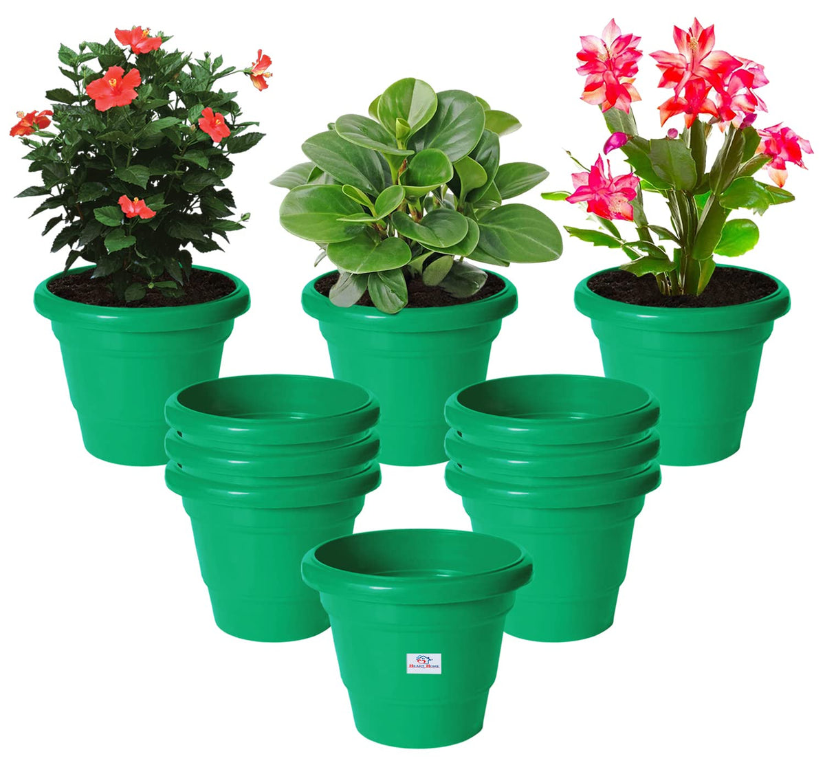Heart Home Solid 2 Layered Plastic Flower Pot|Gamla for Home Decor,Nursery,Balcony,Garden,6"x5",Pack of 10 (Green)