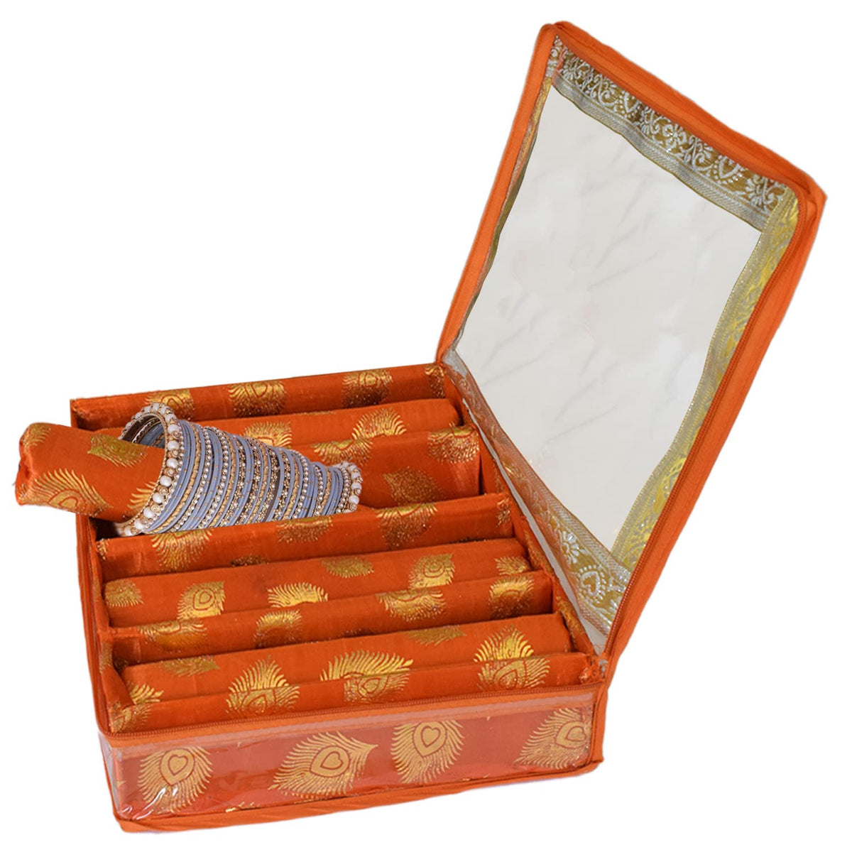 Heart Home Feather Design Laminated 4 Rod Box, Organizer For Bangle, Watches, Bracelets, Jewellery With Tranasparent Top (Orange)-47HH0158