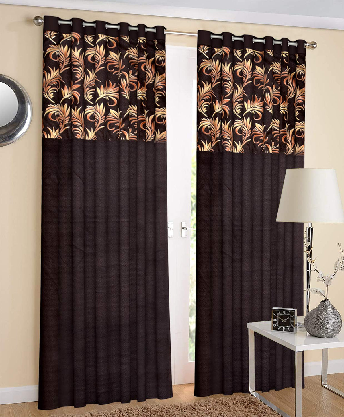 Kuber Industries Leaf Print 2 Pieces Room Darkening Door Curtain, 7 Feet (Brown)