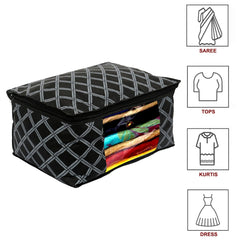 Kuber Industries Check Print Non-Woven Foldable Saree Cover|Clothes Storage For Saree, Lehenga, Suit With Top Transparent Pack of 8 (Black)