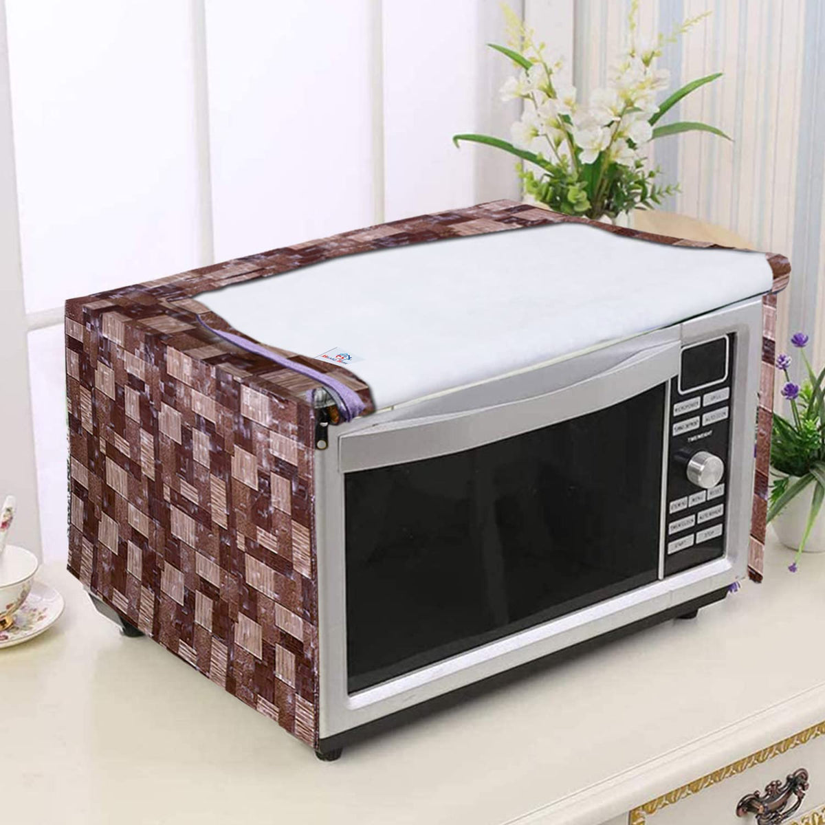 Heart Home PVC Wooden Multicheck Print Microwave Oven Cover for Home & Kitchen 23 LTR. (Brown) 54HH4103.