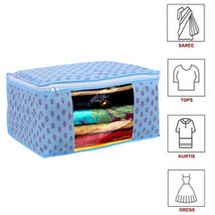 Kuber Industries Floral Print Non-Woven Foldable Saree Cover|Clothes Storage For Saree, Lehenga, Suit With Top Transparent, Pack of 9 (Sky Blue)