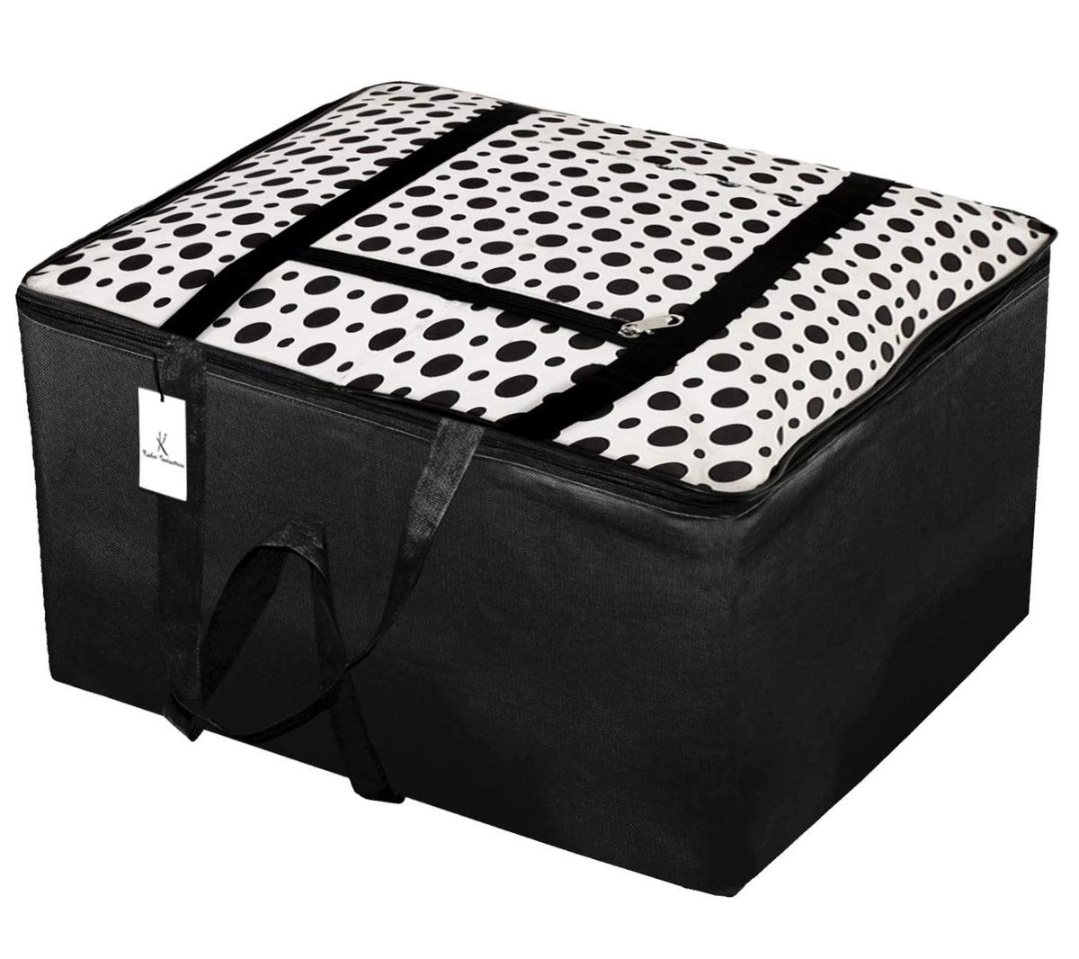 Kuber Industries Canvas Polka Dots Design Moisture Proof Underbed Storage Bag with Zipper Closure and Handle (Jumbo, Black & White)