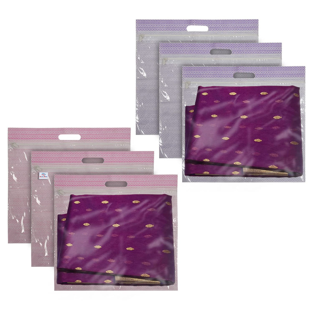 Heart Home Non-Woven Single Saree Covers With Transparent Window With Handle Pack of 6 (Purple & Pink)