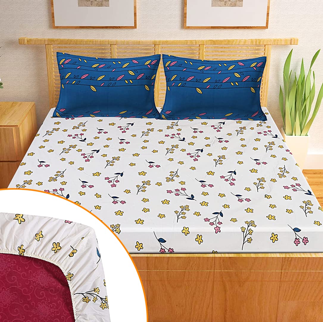 Kuber Industries Fitted Double Bedsheet|Elastic 130 GSM Polycotton King Printed Double Bedsheet with 2 Pillow Covers, 90x37 Inch (Multicolor)