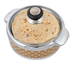 Heart Home Check Printed BPA Free Food Grade Inner Stainless Steel Casserole Keeps Chapati, Food, Curry With Toughened Glass Lid, 1500ml- Pack of 2 (Brown)-HS42KUBMART25024