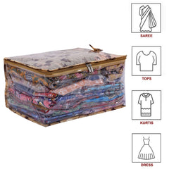 Kuber Industries Floral Print PVC Laminated Foldable Bow Saree Cover|Clothes|Wardrobe Organizer For Home & Travle With Transparent, Extra Large (Gold)