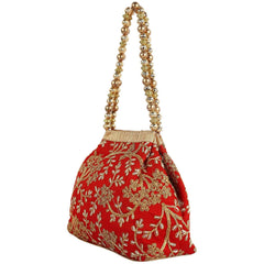 Heart Home Attractive Embroidery Polyester Hand Purse & Artificial Pearls Handle With 3 Magnetic Lock for Woman,Girls (Red)