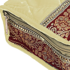 Kuber Industries Satin Flower Print Jewellery Organizer For Watches, Small Jewellery With 4 Pouches (Cream)
