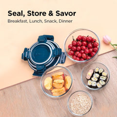 Kuber Industries Borosilicate Glass Containers with Lid - Glass Lunch Box with Air Vent Lid,Airtight Kitchen Containers Set-Microwave Safe, Leak Proof,Set of 4-420ml,660ml,950ml,1300ml (Round)
