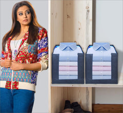 Homestic Pack of 12 Shirt Organizer for Wardrobe|Foldable & Non- woven Shirt Stacker|Designer Cupboard Organizer for Clothes |Clothes Storage box|Sturdy Cardboard Base (Blue)