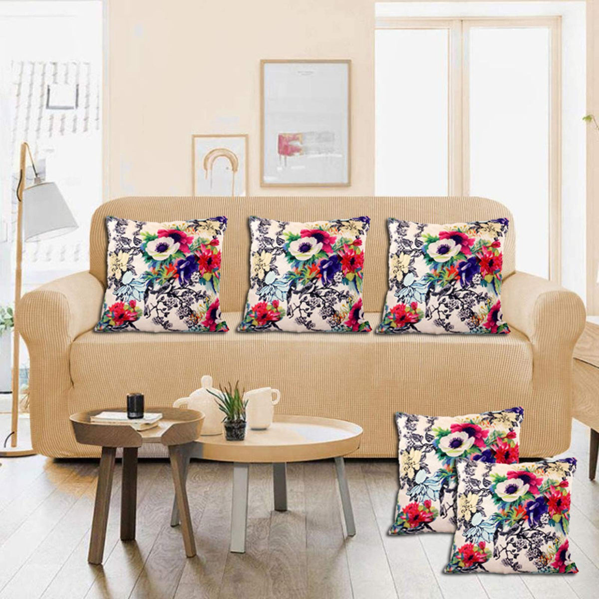 Kuber Industries Floral Design 5 Pieces Cotton Cushion Cover - 16"x16"(Cream)