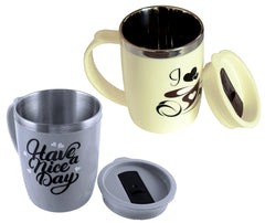 Kuber Industries Double Wall Vacuum Insulated Food Grade BPA Free Plastic Coffee Mug with Lid, Pack of 2 (Grey & Cream)