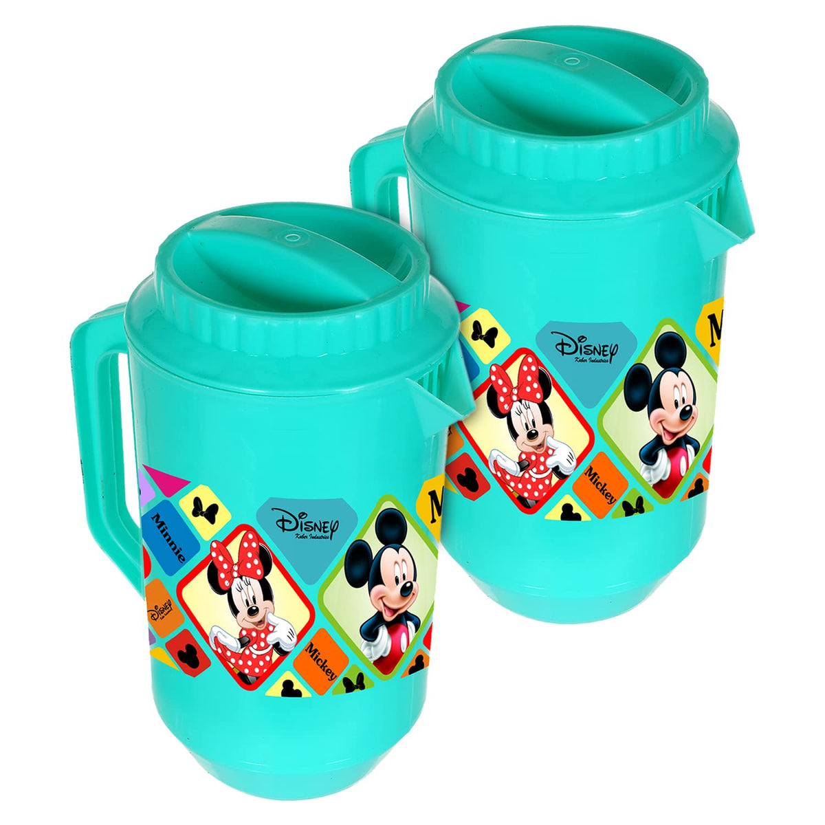 Kuber Industries Mickey Minnie Print Unbreakable Plastic Water Jug with Lid for Home, Kitchen, Office 2 Liter Pack of 2 (Green)