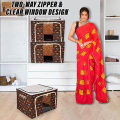 Kuber Industries Storage Box | Steel Frame Living Box | Storage Organizer For Clothes | Saree Cover for Woman | Teddy Print Cloth Organizer | 66 Liter | Brown