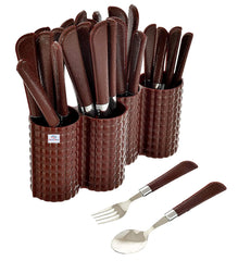Heart Home Premium ABS Plastic & Stainless Steel Cutlery Set with Stand for Kitchen/Dining, Set of 24 (Brown)