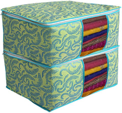 Kuber Industries Foldable saree covers with Zip|Non Woven Clothes Organiser for wardrobe |Leaf Print With Transparent Window|Suitable for Lehenga, Suit, Dress|Pack Of 6 (Green)